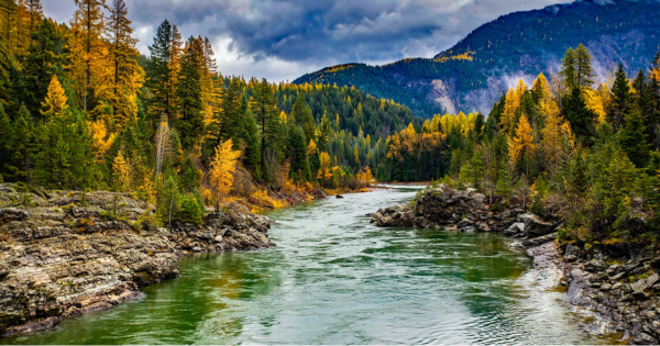 Image of a river with a mountain in the background